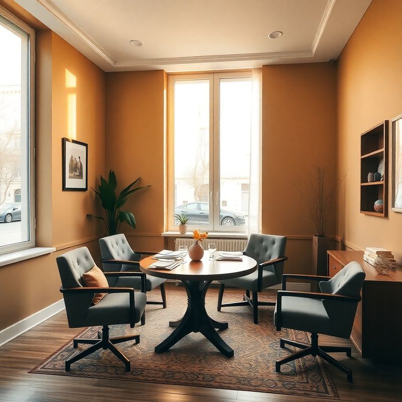 Discreet advisory office interior with warm sand walls, olive accents, and a polished timber consultation table