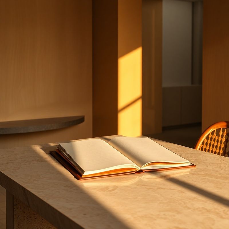 Golden afternoon light falling across a polished stone desk with an open leather-bound folio