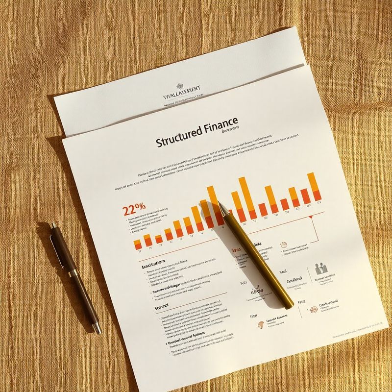 Overhead view of structured finance documents on a sand-coloured linen surface with an olive-toned pen