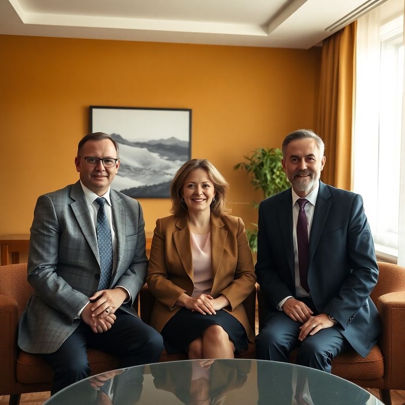 Three financial advisors in a warm olive-and-sand-toned meeting room in Oradea